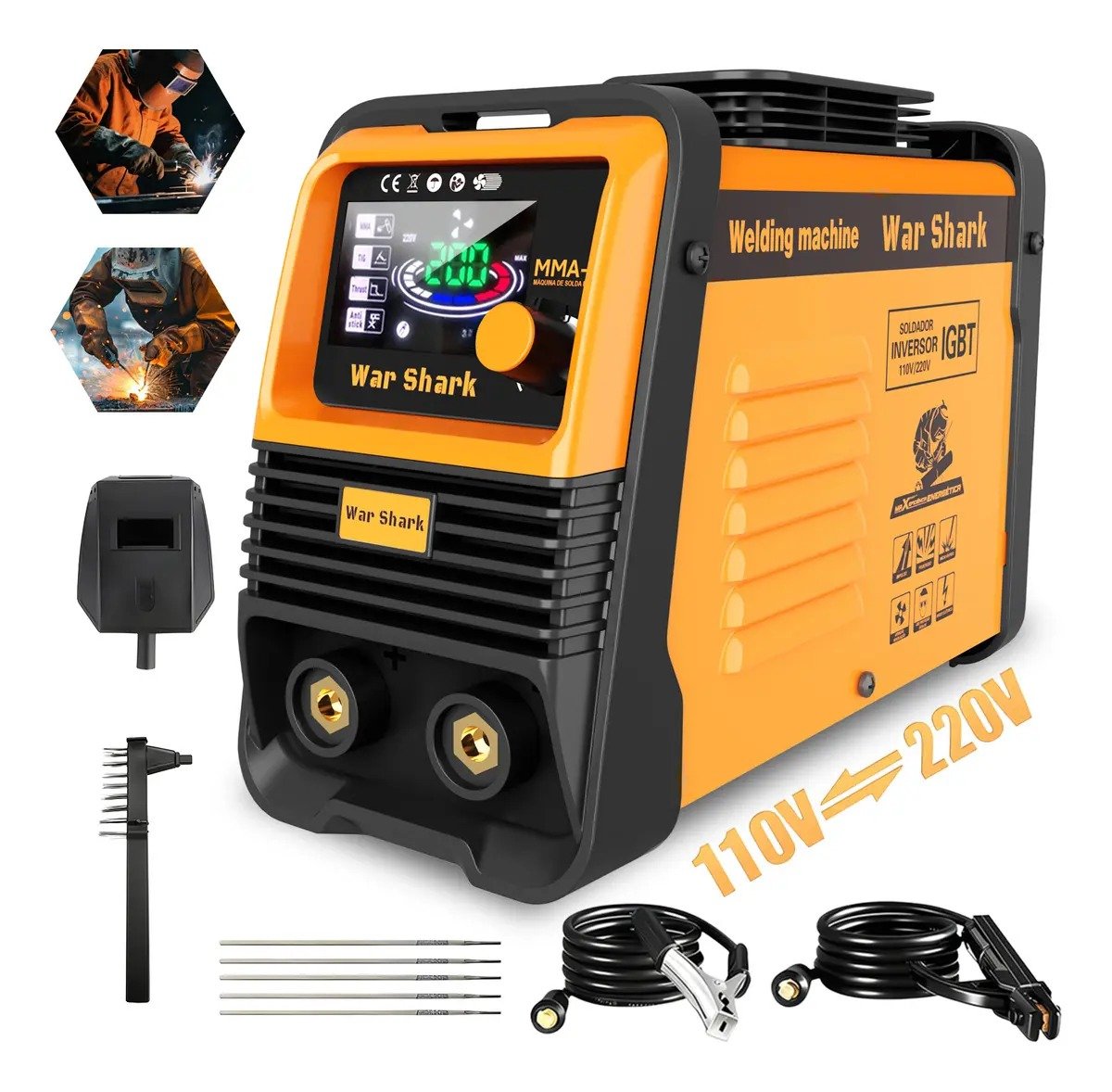 Maquina De Solda Inversora Portatil War Shark Bivolt 110v 220v Mma Tig Amarelo