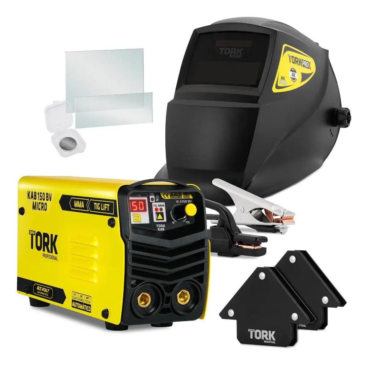 Maquina Solda Inversora Super Tork KAB IE 6150 BV Mma Tig 150A Mascara 2 Esquadros Cor Amarelo Frequencia 60Hz