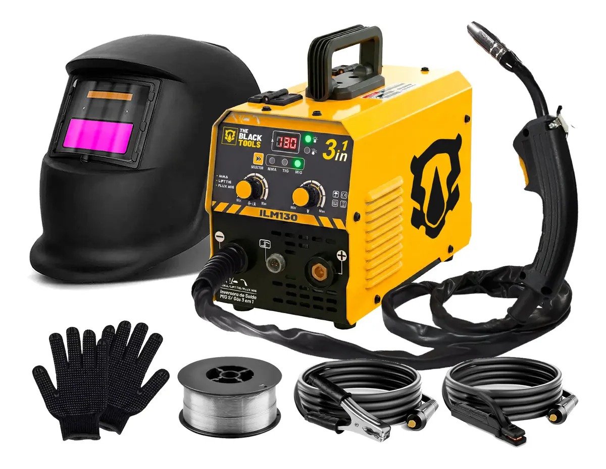 Maquina Inversora De Solda Mig Sem Gas 130a 3 Em 1 Tig Lift Com Acessorios Amarelo The Black Tools 1